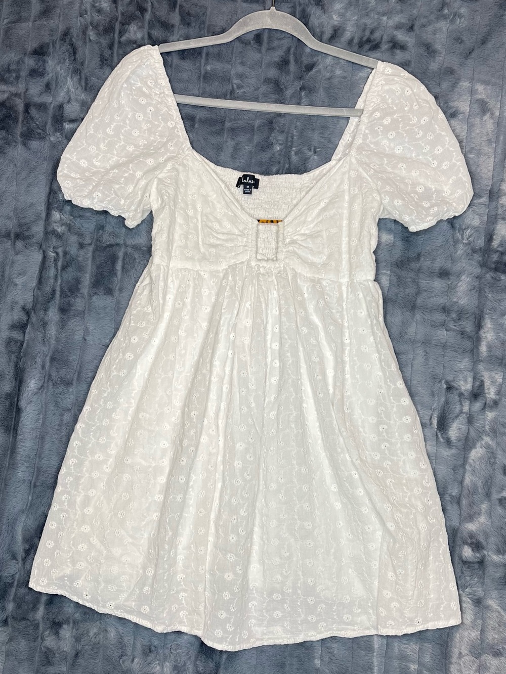 Lulus White Eyelet Smocked Puff Sleeve Mini Dress Women’s Medium Cottagecore